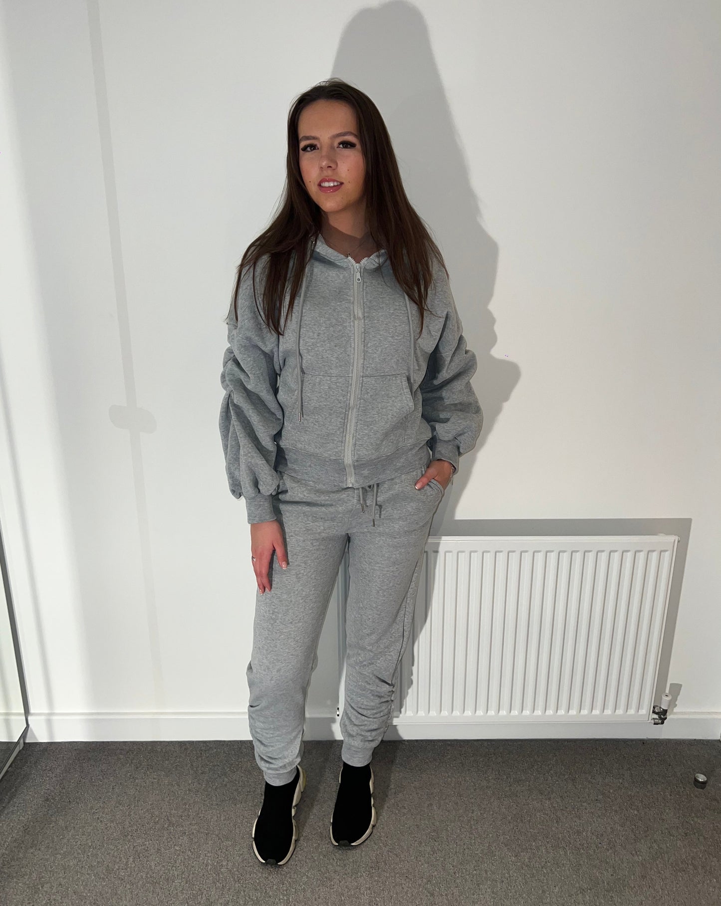 Grey ruche sleeve hooded tracksuit