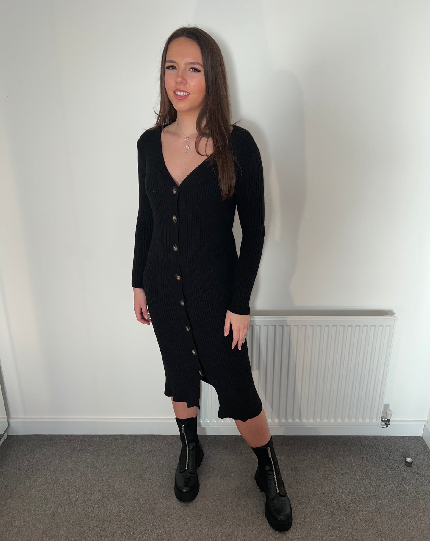 Black ribbed long knitted button up dress