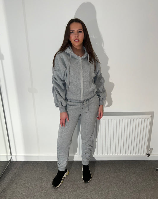 Grey ruche sleeve hooded tracksuit