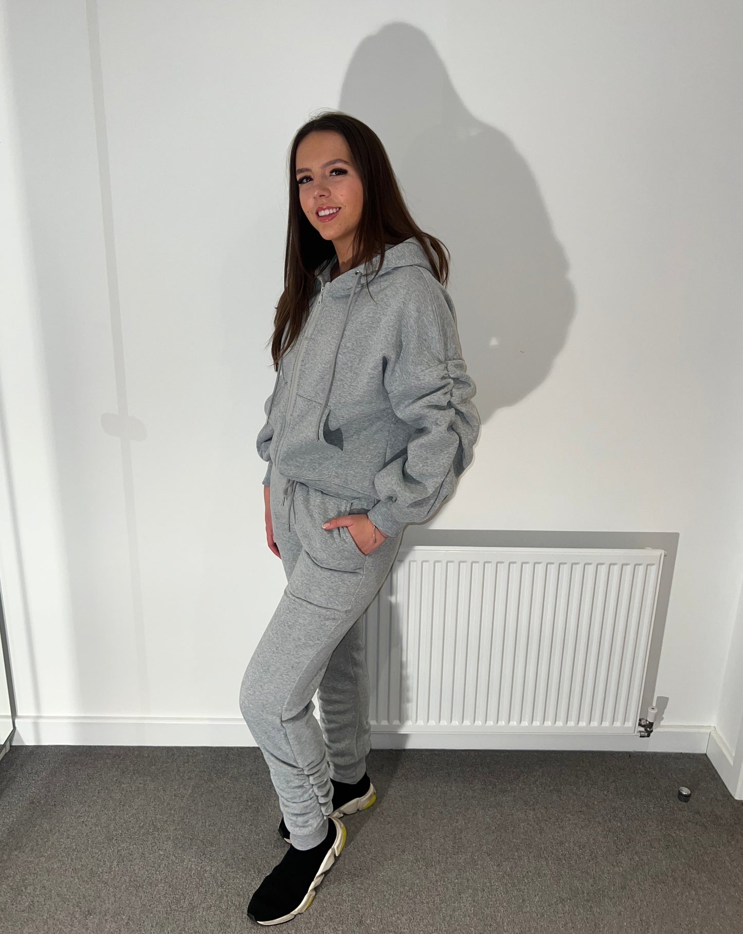 Grey ruche sleeve hooded tracksuit