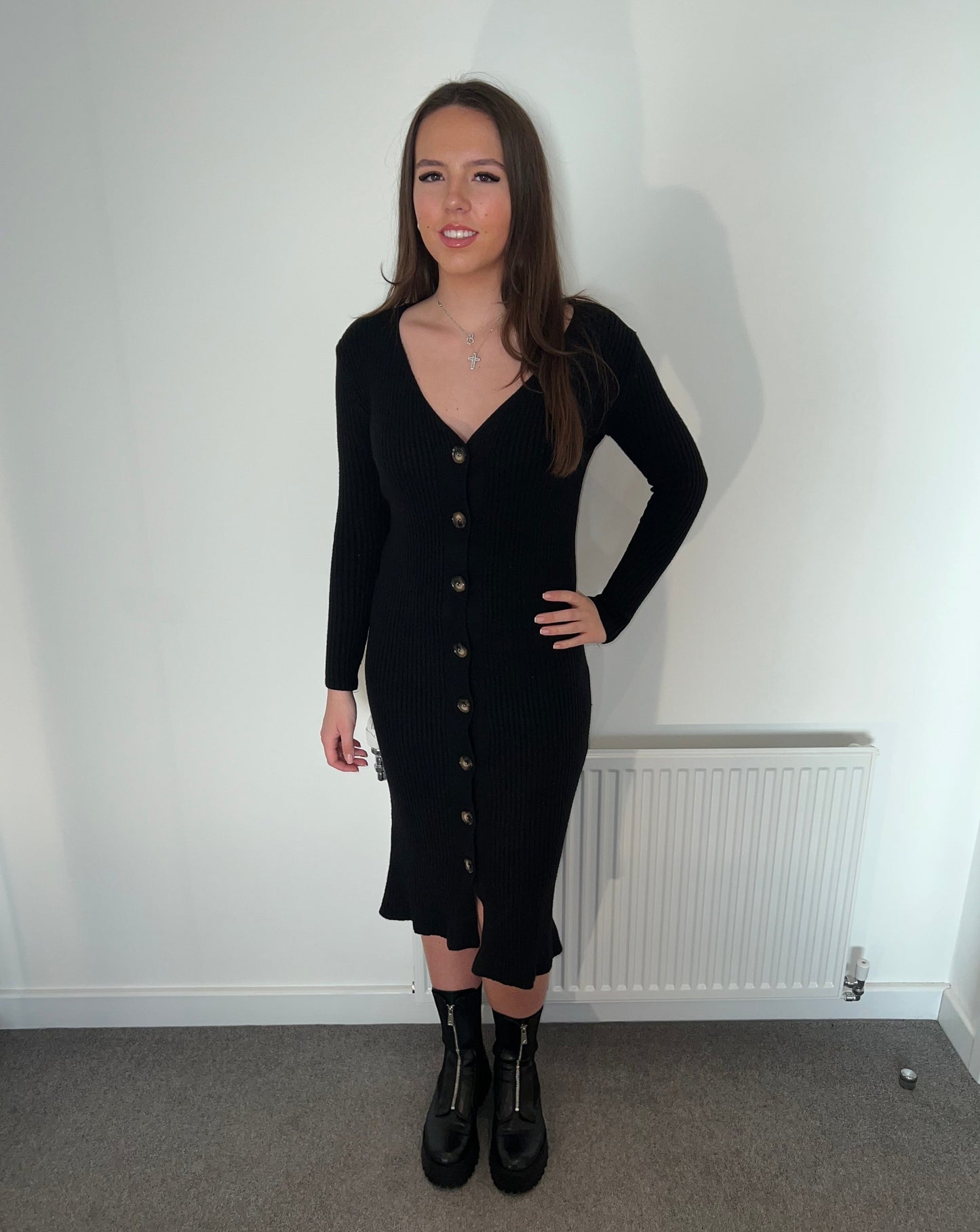 Black ribbed long knitted button up dress