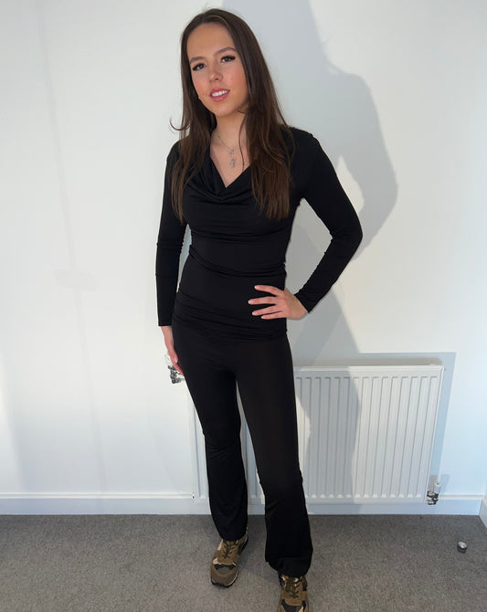 Black slouch front silky lounge suit