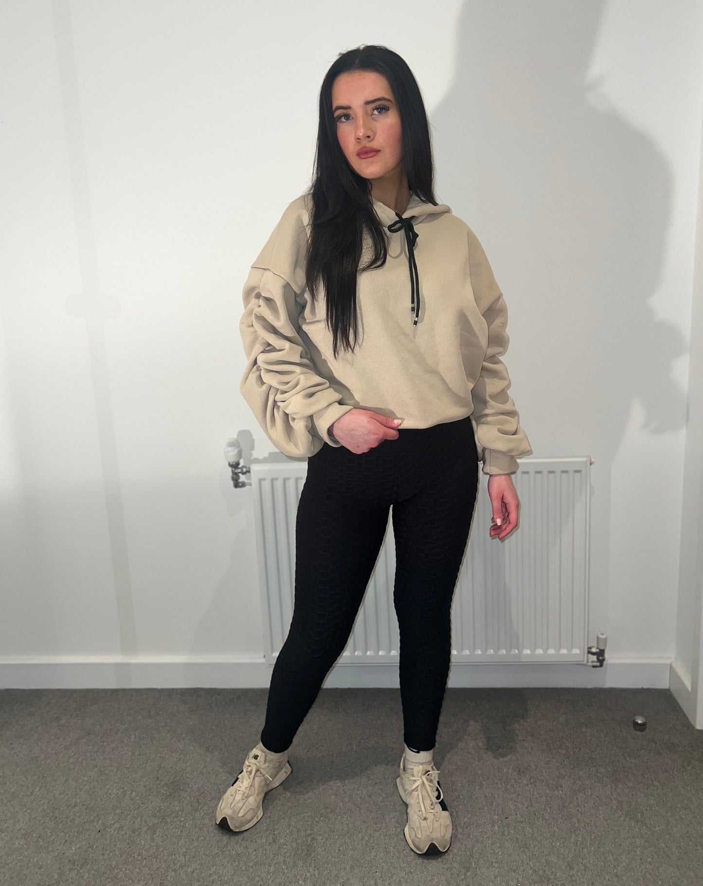 Beige Ruche Sleeve Hoodie