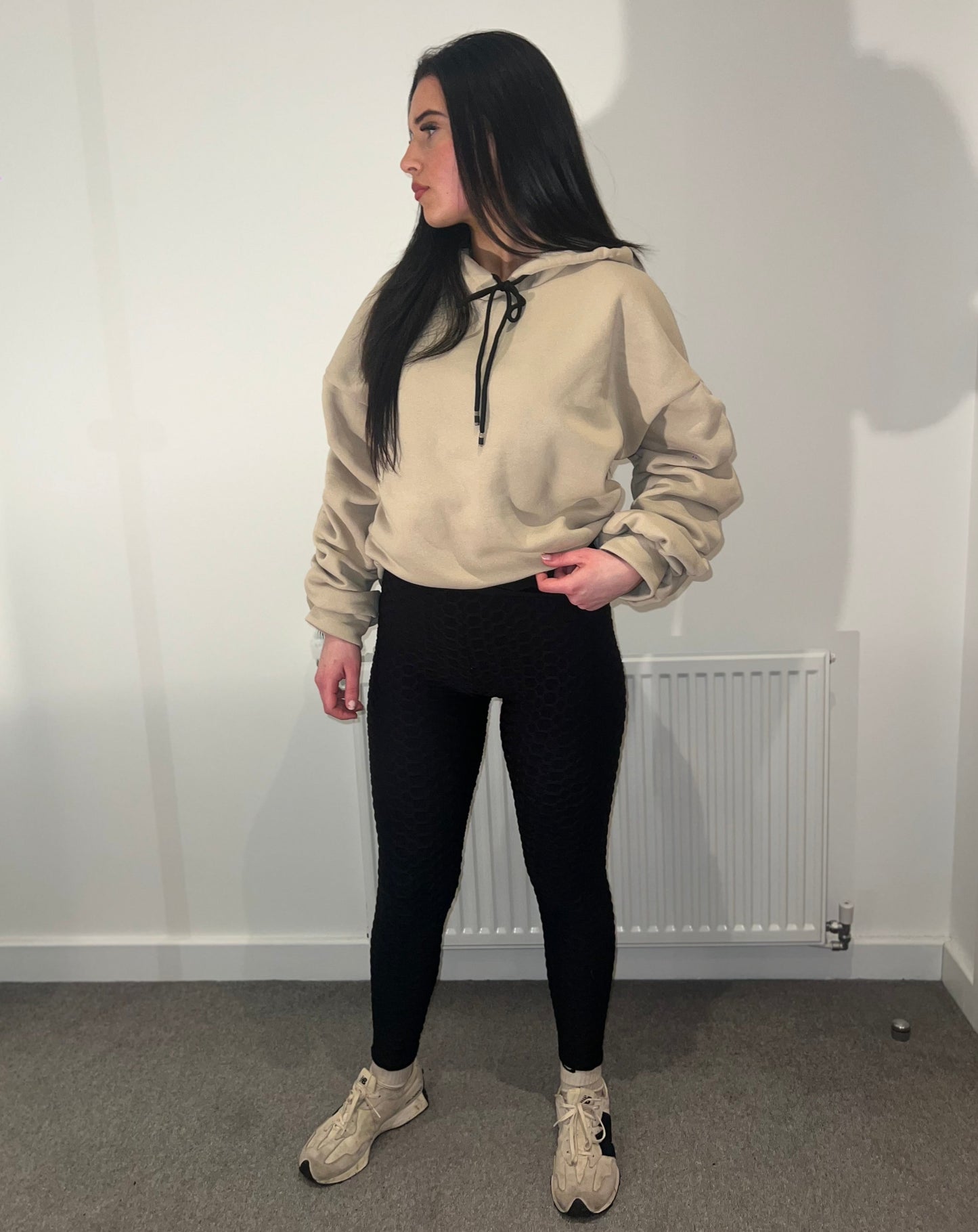 Beige Ruche Sleeve Hoodie